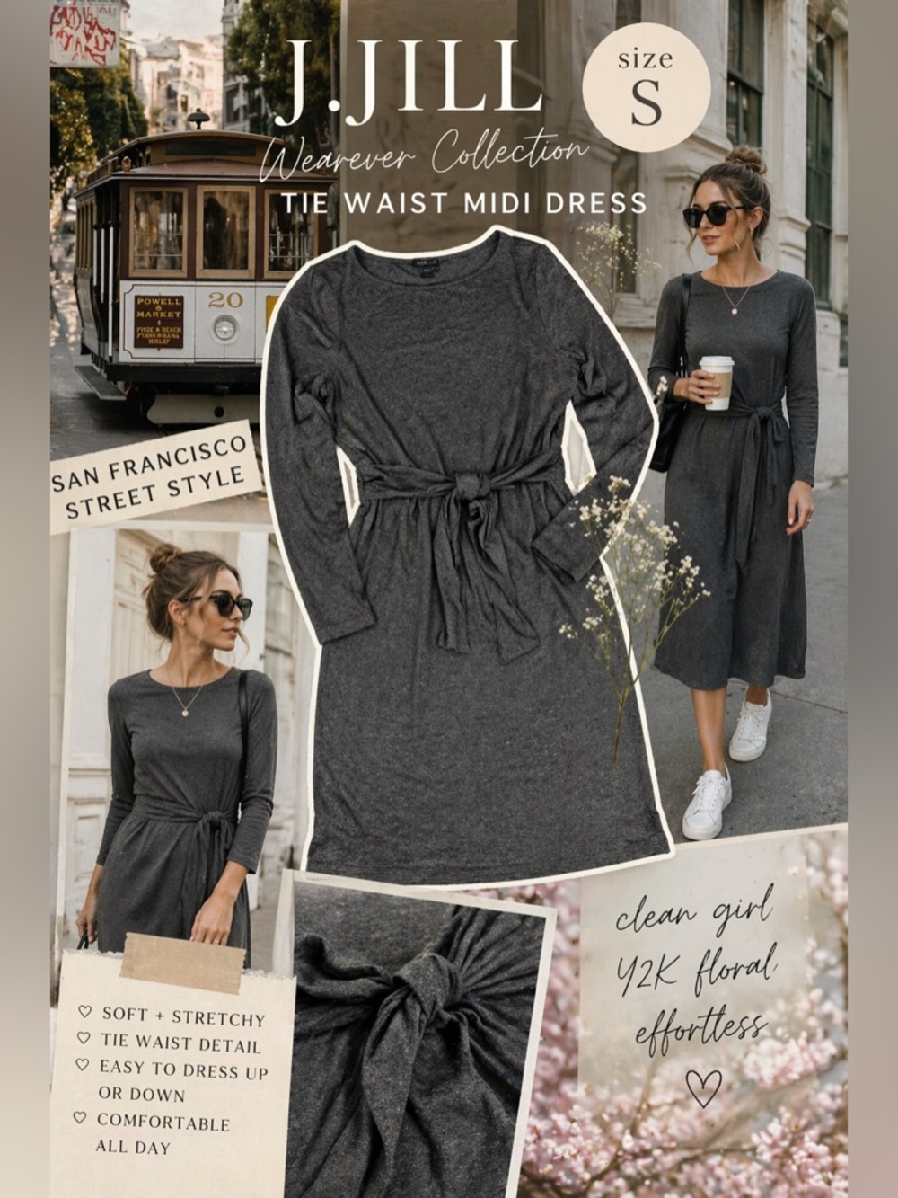 J.Jill Wearever Collection Gray Tie Waist Midi Dress Size S